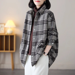 文艺大码格子衬衫短外套女2025秋季新款拼色加绒加厚女式上衣