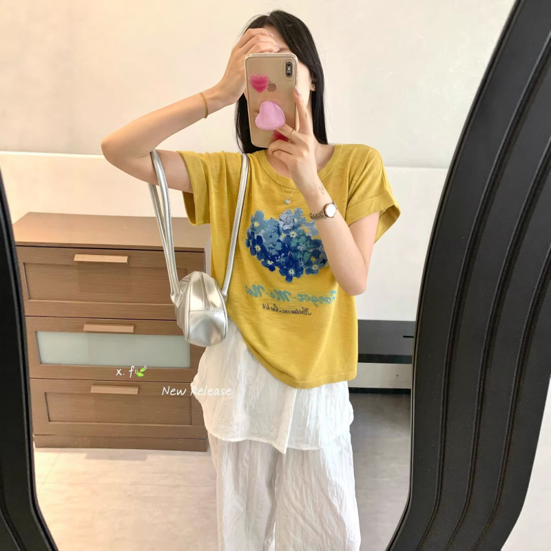 Floral Pattern Jacquard, Round Neck, Flutter Sleeves, Ultra-Fine Skin-Friendly Linen, Summer, Women'S, V-Neck Back Fashion Knit Top