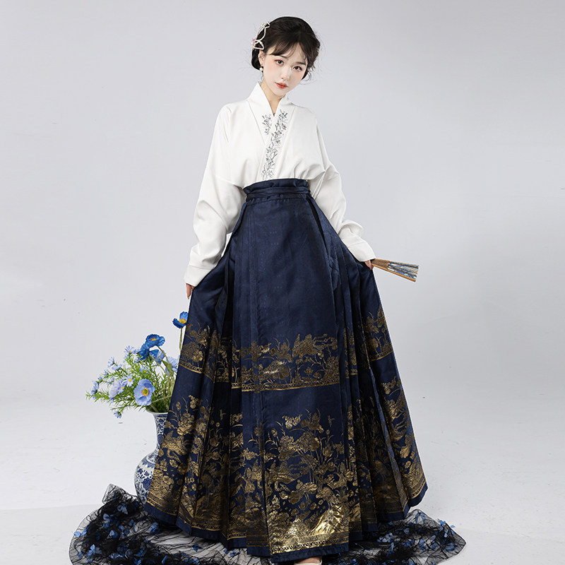 Original Ming Dynasty Hanfu Brocade Horsehair Skirt [White Heron] Women's Daily Spring and Autumn Outfit Brocade Imitation Mother-of-Pearl Half Skirt