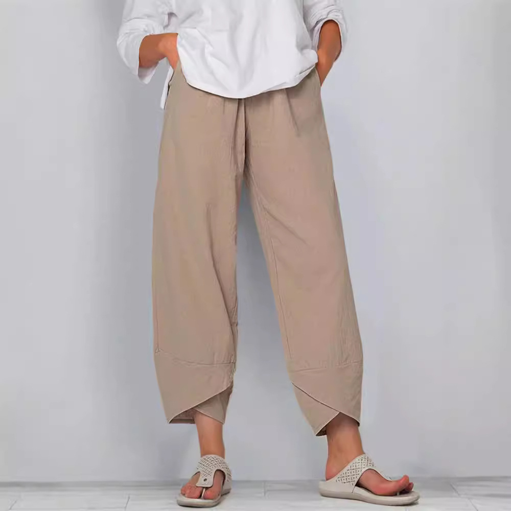 2020 New Hot Selling Independent Station Popular Wide Leg Pants Loose Casual Cotton and Linen Elastic Waist Nine-Point Pants for Women