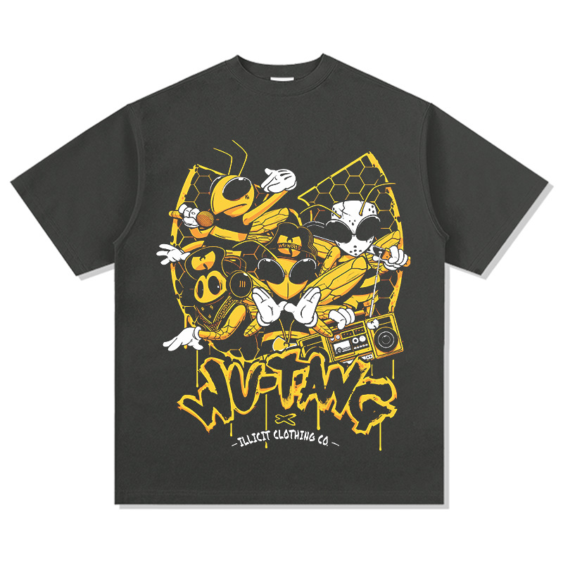 Wu-tang camiseta de manga corta retro americana con estampado lavado y desgastado suéter con capucha y cuello redondo suelto de algodón pesado