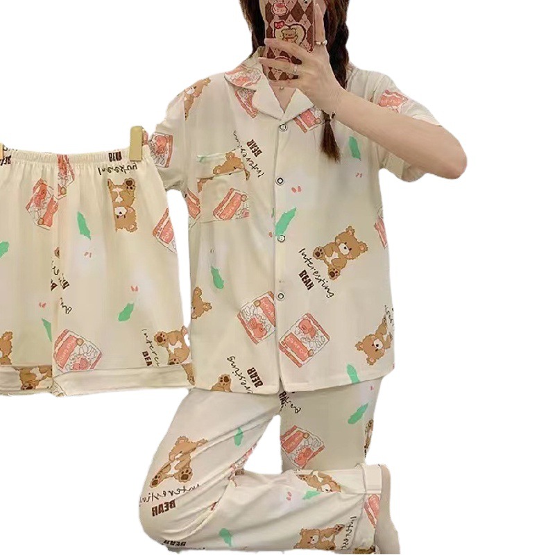 Pijamas para mujer 2025, nuevo conjunto de verano de tres piezas con pantalones cortos y largos, conjunto de ropa para estar en casa de verano para mujer que se puede usar en el exterior.