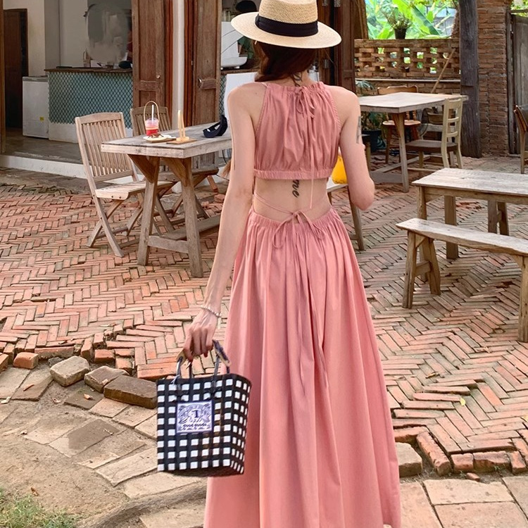 2025 new summer pink neck hanging dress women's summer waist slimming gentle style temperament chic age-reducing dress