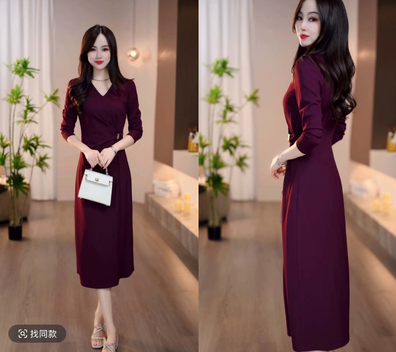 一件代发原版面料2025秋季款时尚v领法式气质减龄百搭女装连衣裙|undefined