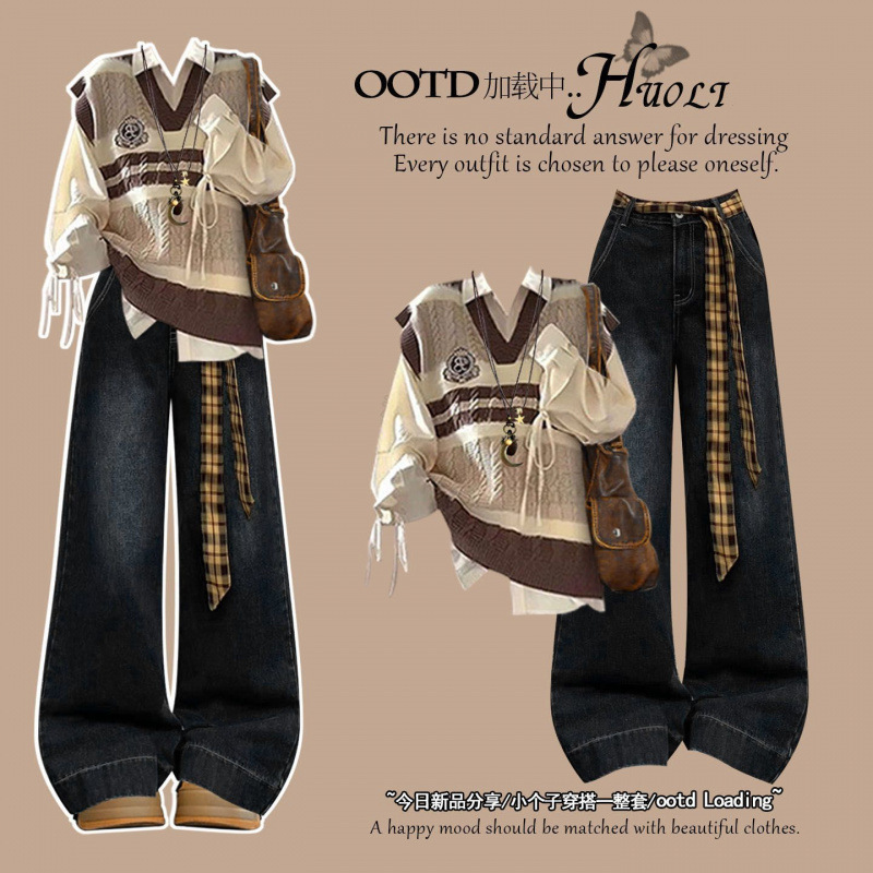 2025 Super Hot Outfit, a Complete Set of Autum Popular Style Preppy Style Suit for Women, Small Jk Suit Jeans