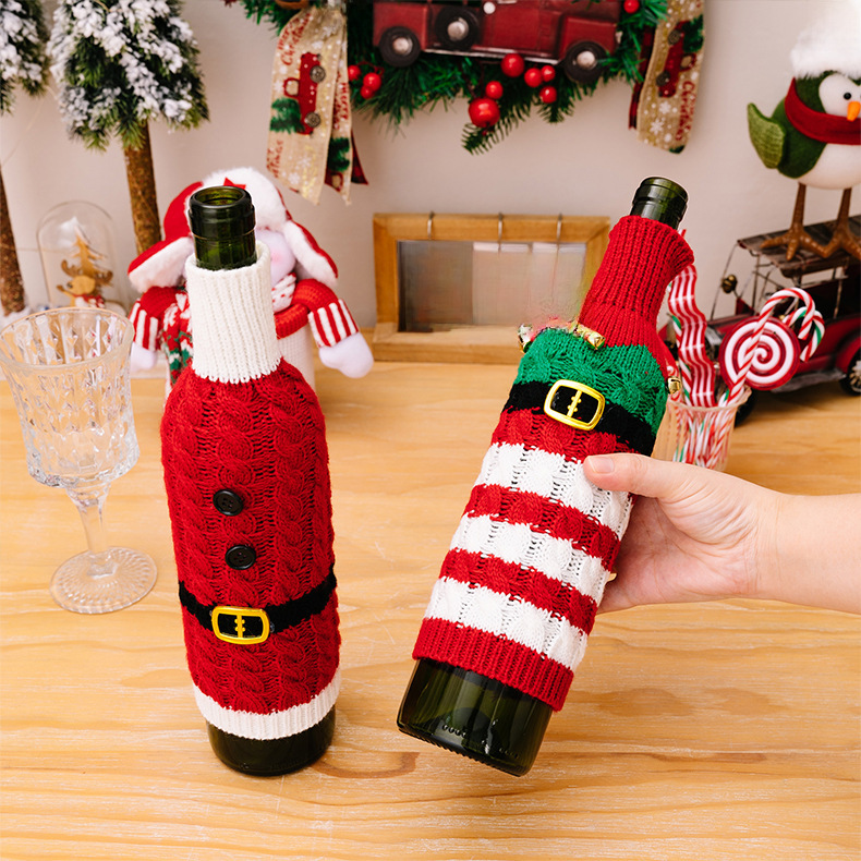 Haobei Weihnachtsdekoration liefert Weihnachtsgestrickte Weinflaschenhülle Rotweinhülle Restaurantdekoration Dekorative Weinflaschen-Kleiderhülle_voghion.com