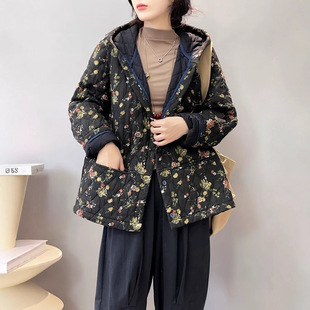 Floral Cotton Jacket 2024 New Vintage Chinese Style Loose Plus Size Hooded Casual Warm Cotton Coat Trend