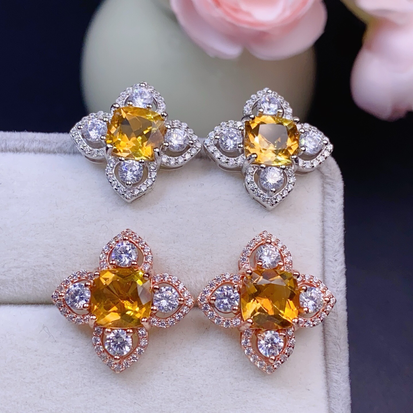 Natural Citrine Earrings, 925 Silver Inlaid with 8*8mm Loose Stone, Pure Natural Citrine That Attracts Wealth