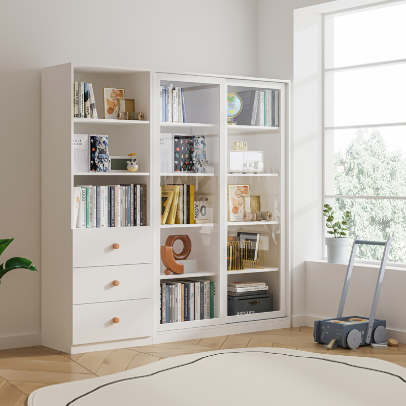9C Solid Wood Sliding Door Bookcase with Glass Door Living Room Combination Cabinet American Storage Rack Dust-Proof Vertical Cabinet Book