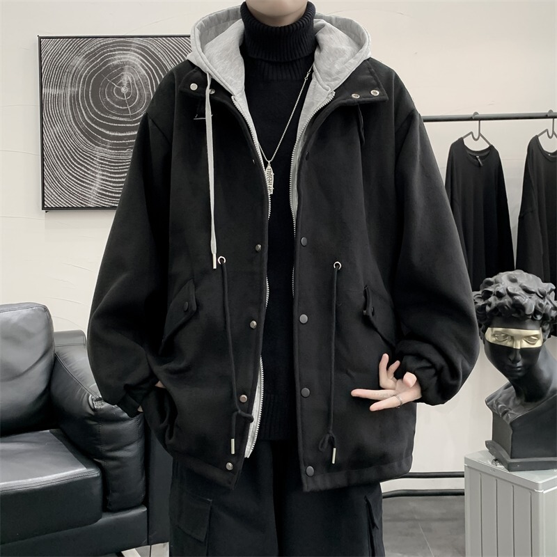 Dark Style Ins Trendy Brand High Street Woolen Outwear Men's Autumn and Winter Korean Style Trendyy Loose Hooded Woolen Outwear