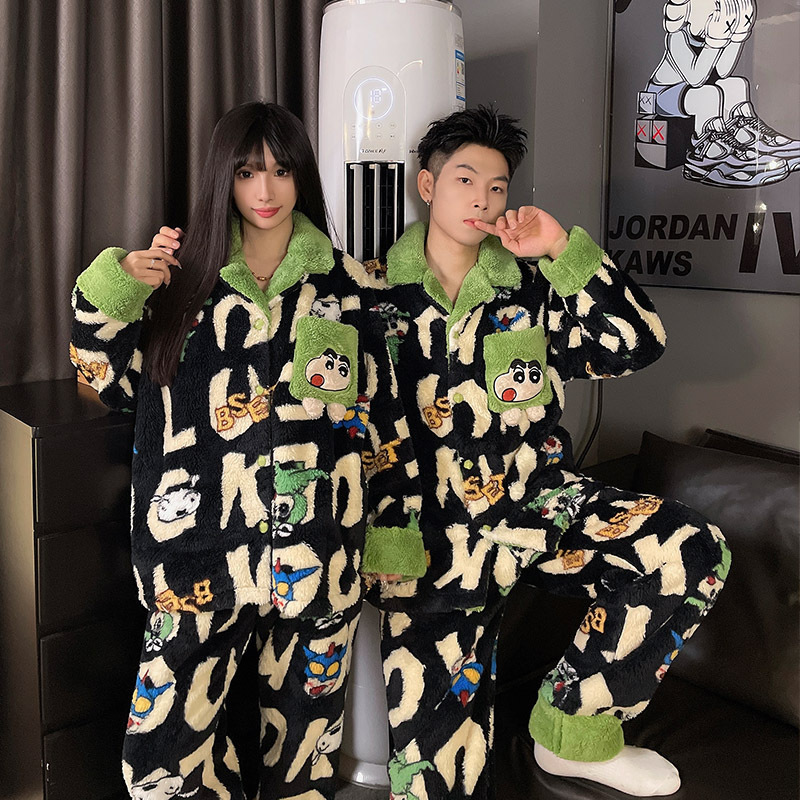 Cute Crayon Shin New Coral Fleece Couple Pajamas Winter Cardigan Long Sleeve Trousers Cartoon Warm Home Clothes suit