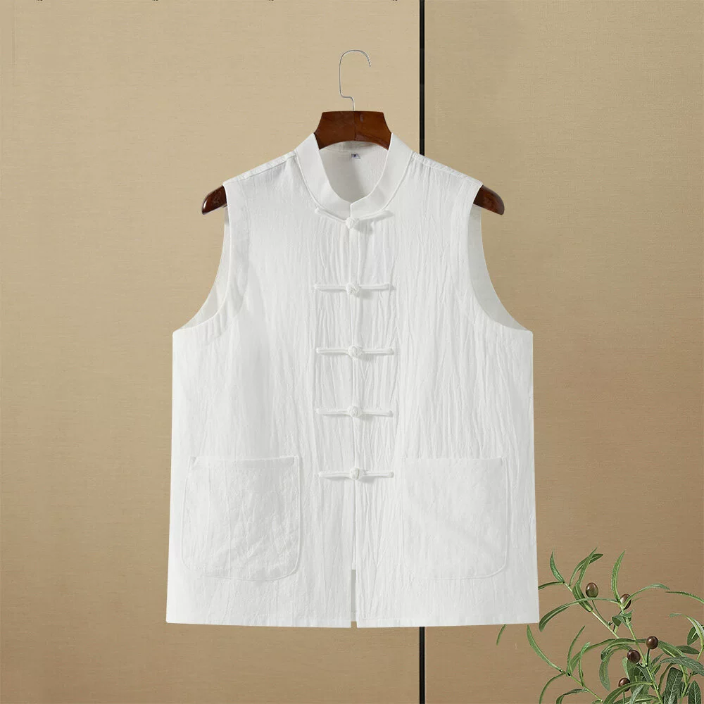 Мужской костюм Тан в китайском стиле, хлопковый льняной жилет на пуговицах, летний тонкий жилет среднего и пожилого возраста с круглым вырезом, свободная повседневная толстовка