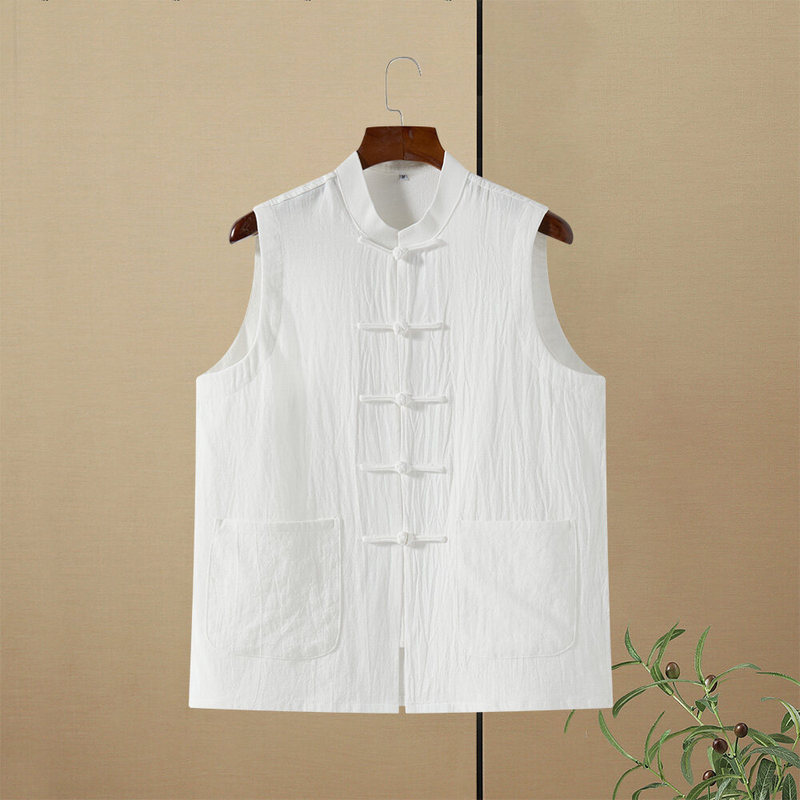 Chinese Style Men's Tang Suit Buttoned Cotton Linen Vest Middle-Aged and Elderly Summer Round Neck Thin Waistcoat Loose Casual Sweatshirt