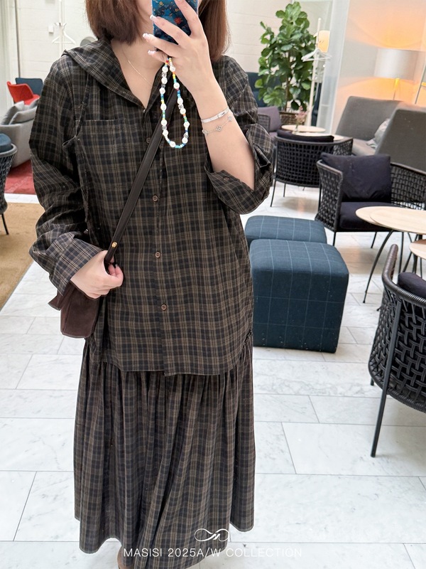 马西西大码女装复古文艺连帽格子套装裙秋季胖mm上衣半身裙两件套|undefined