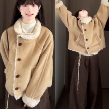美拉德立领麂皮绒皮毛一体羊羔毛外套女秋冬穿搭宽松加厚夹克上衣