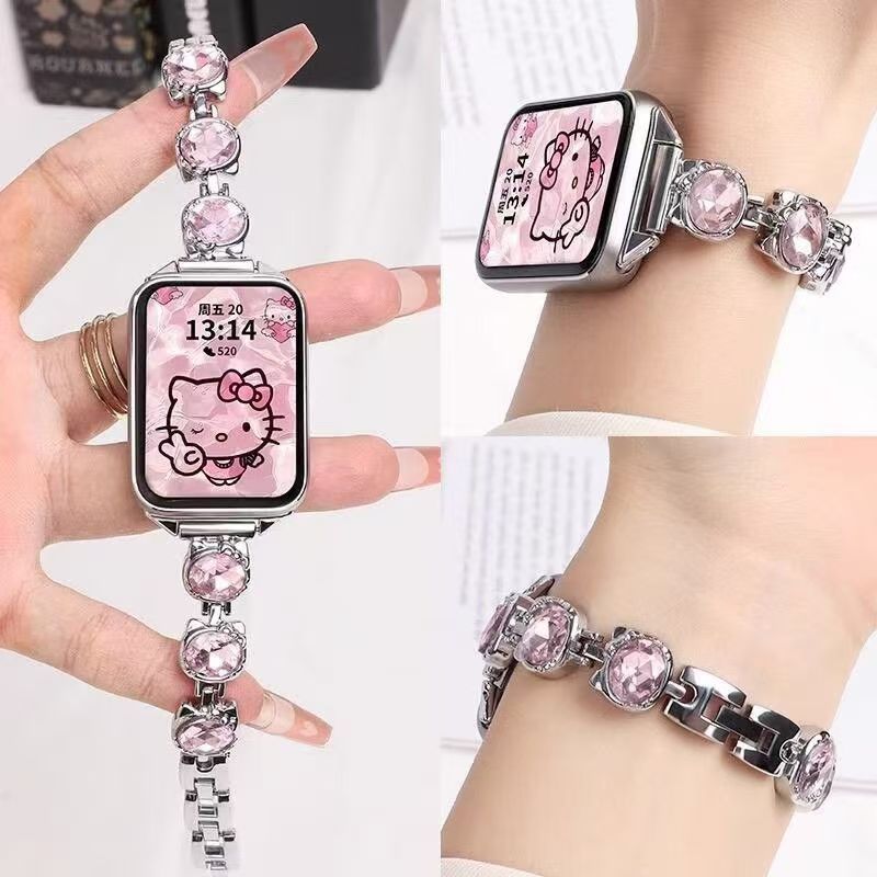 Compatible with Xiaomi Mi Band 10/9/8 NFC Kitty Cat Rhinestone Crystal Watch Strap and Huawei 8/9/10 NFC Watch Strap