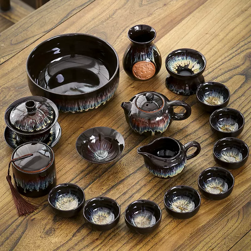 厂家直销建盏天目沙金釉窑变钧瓷家用茶具大套装礼品茶具可印logo