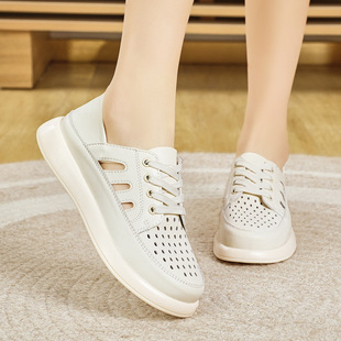 Genuine Leather Fashionable Hollow-out sneaker Women's Summer New Breathable Cave Shoes Outer Wear Soft-soled Moms Shoes Wedge Heeled Women's Shoes
