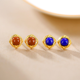 Huibaoli S925 Silver Gold-plated South Red Lapis Lazuli Small Egg Noodles Court Wind Devil's Eye Ladies Small Square Nails