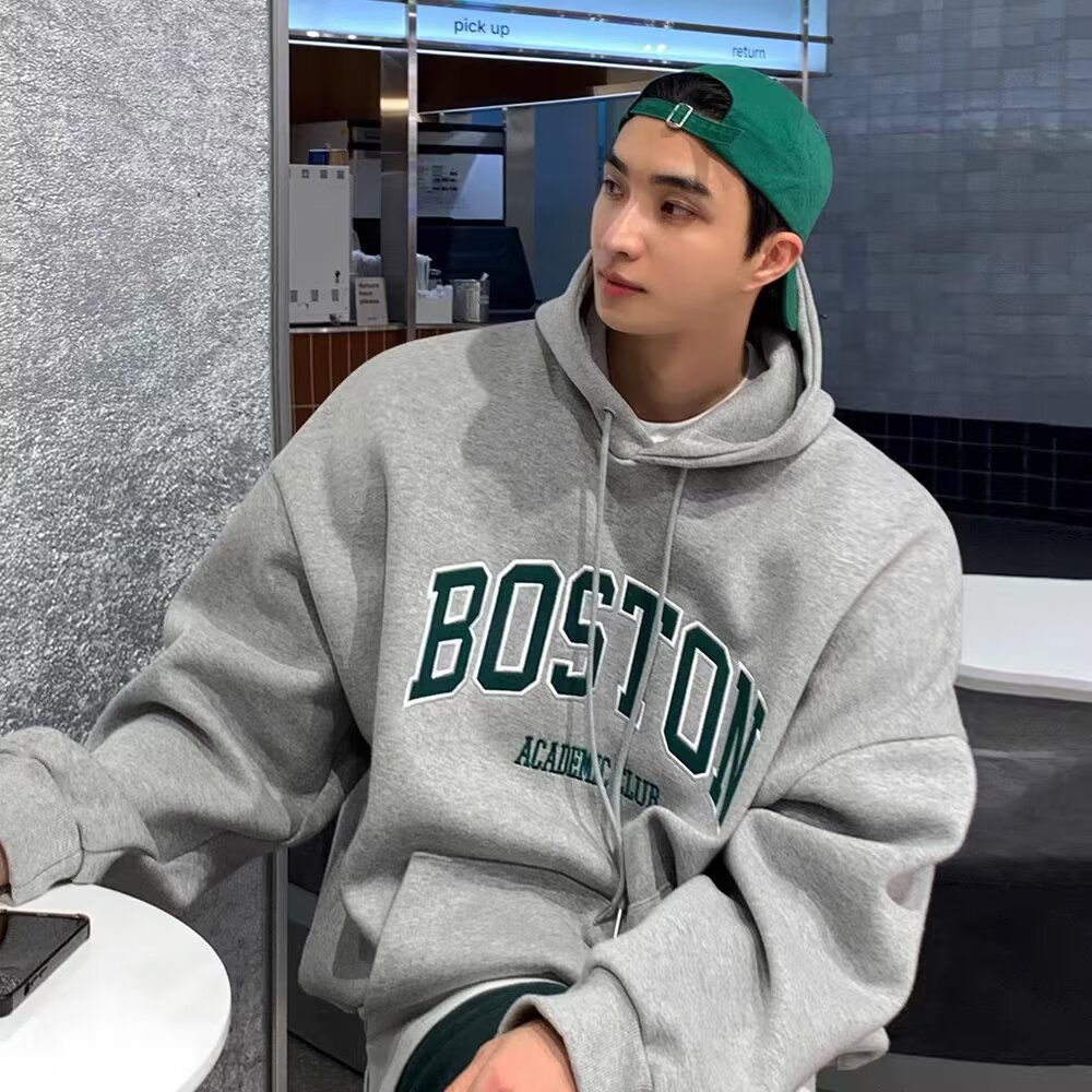 헤비 그레이 후드 티셔츠 남성 봄, 가을 캥거루 포켓 영문자 탑 캐주얼 와이드 버전 풀오버 재킷