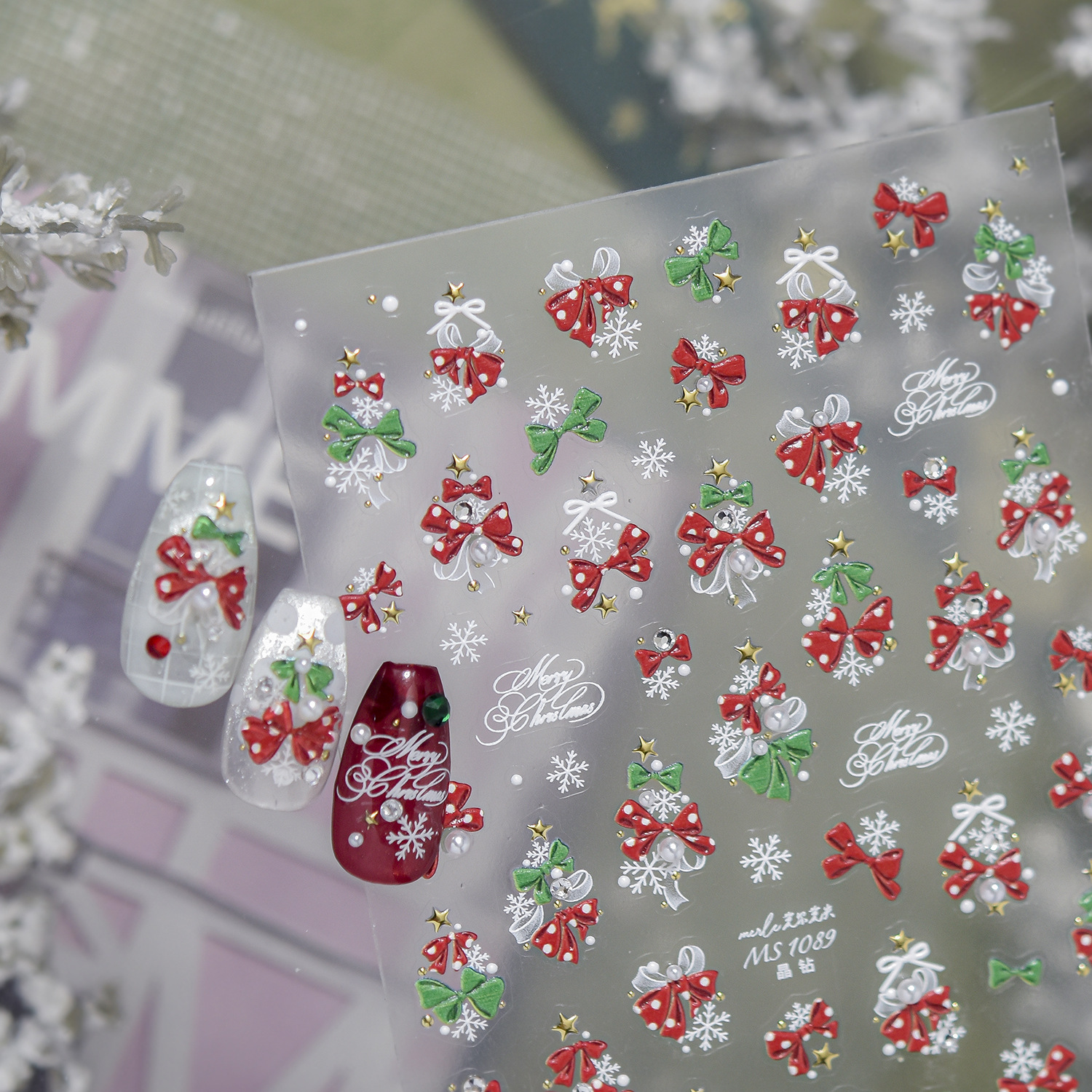 tomoni&Don't Miss Out on Crystal Nail Art Stickers New Ins Dreamy Nail Stickers with Bow and Christmas Tree Decorations