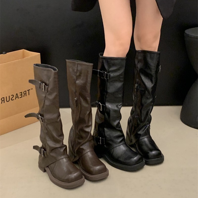 2025新款复古粗跟中筒靴女秋冬新款复古粗跟西部牛仔堆堆靴女|undefined