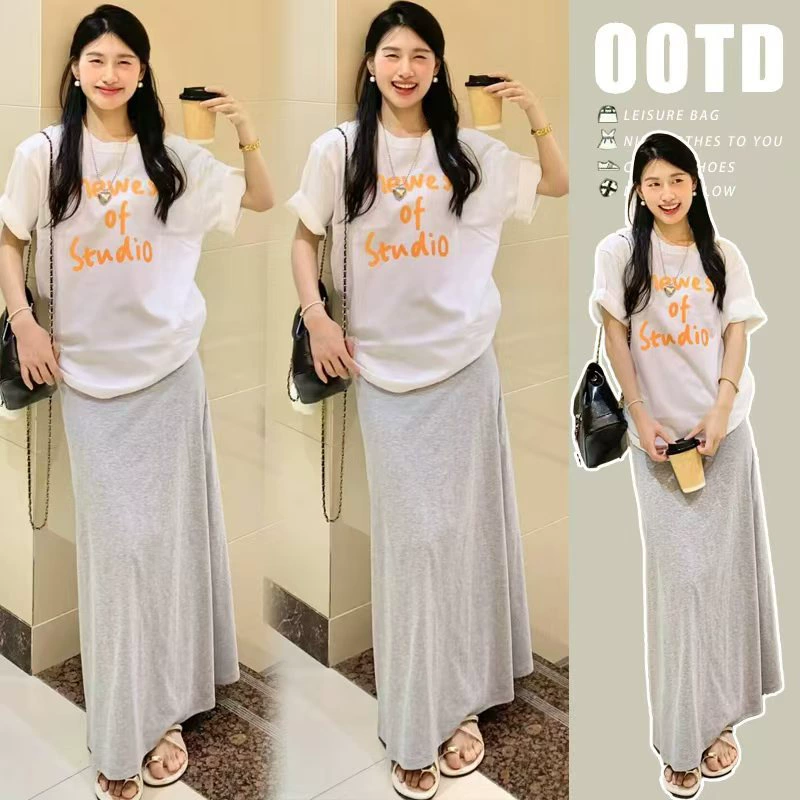 белый ленивый стиль, непринужденный и модный дизайн, топ-футболка с принтом + регулируемая эластичная, приятная для кожи юбка