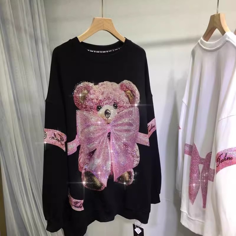 Super plus size 1.00 kg-150.00 kg Fat M Heavy Industry Hot Drilling Sweat Women's Cute Bear Autumn and Winter Loose Long Slim Top