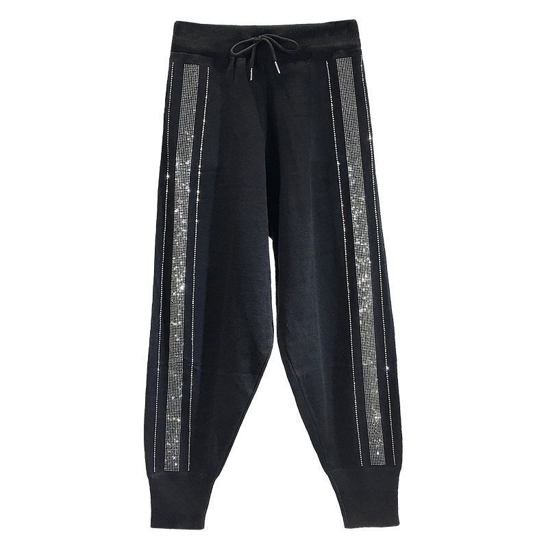 Heavy Industry Rhinestone Casual Pants Women's Knitted 2021 Spring and Summer Korean-style Baggy Pants Loose Ankle-length Pants Sports Hallen Pants