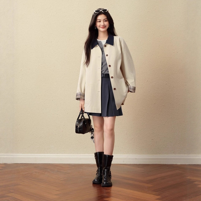 Barn Style Contrast Color Lapel Windbreaker 2025 Autumn New British Style Loose Casual Jacket for Women 7g8160251