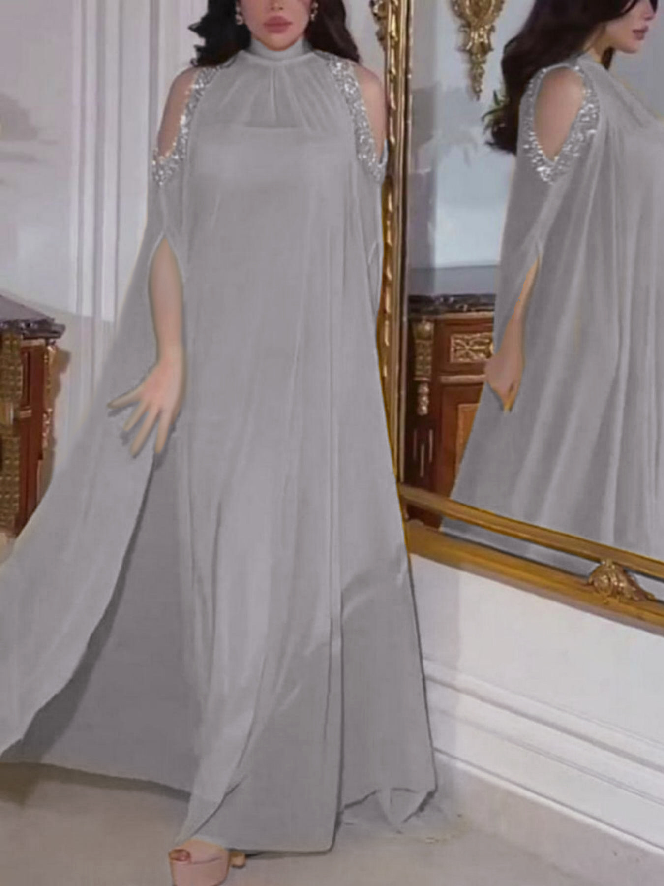 Conjunto de Dos Piezas de Vestido de Noche de Gasa con Lentejuelas y Capa, Estilo Europeo y Americano, Elegante y Sexy, Primavera/Verano 2023