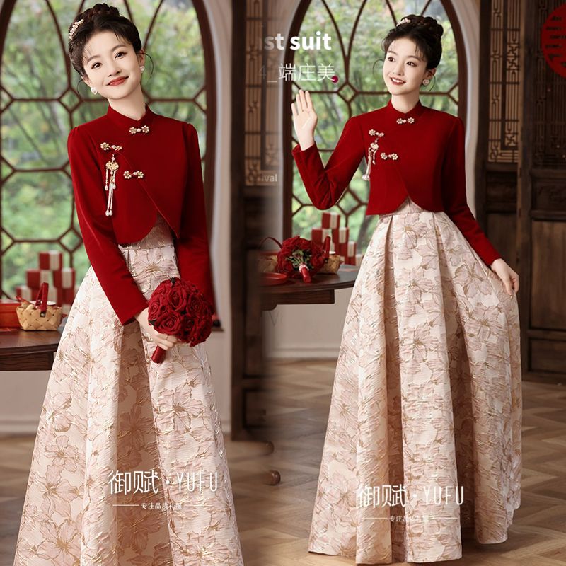 Bride's Suit for Toasting, Plus Size for Chubby Women, 2025 Autumn and Winter New Chinese-Style Cheongsam, Thickened Engagement and Wedding Dress