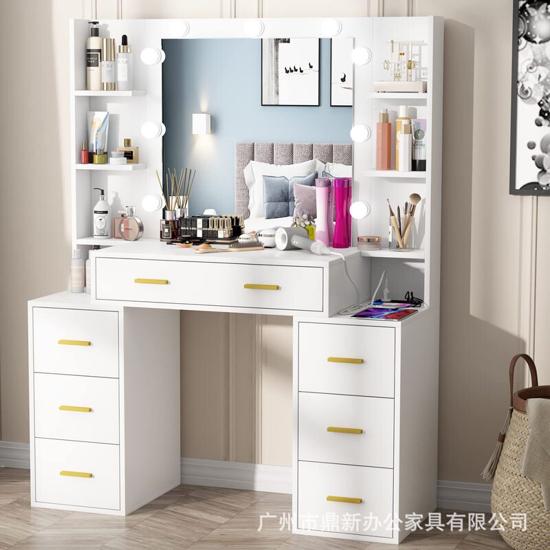 Cross-Border Dressing Table with Lighted Makeup Mirror, Charging Station, 9 Led Bulbs, Storage Rack, 7 Drawers Cross-Border Dressing Table with Lighted Makeup Mirror, Charging Station, 9 Led Bulbs, Storage Rack, 7 Drawers