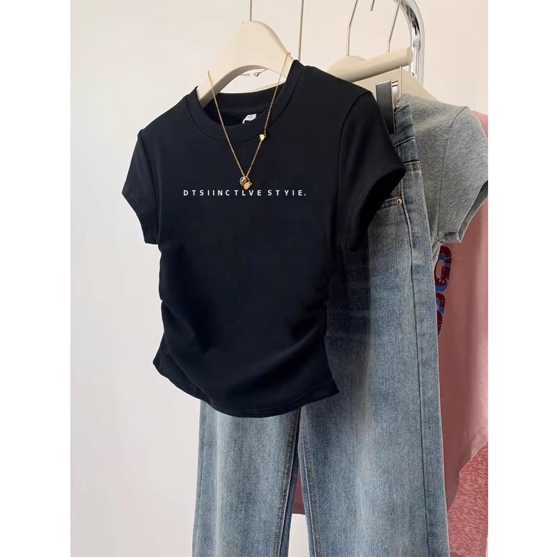European Small Shirt Short-sleeved T-shirt Women's Summer Slim-fit Slimming Design Sense Hot Girl Sweet Style Short Letter Printed Top