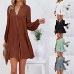 2026秋冬欧美跨境外贸新款女装 纯色拼接休闲宽松开衫纽扣上衣T恤