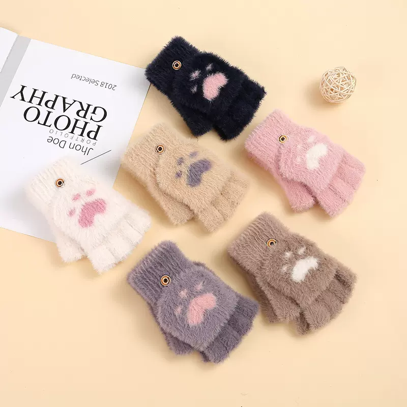 2025年秋冬款熊掌翻盖貂毛针织手套时尚卡通防寒保暖学生写字手套