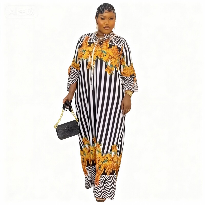 26 Spring New Style Large Coat Printed Stripesd Dress Plus Size Women's Clothing Export Wholesale Hot Style Plus Size