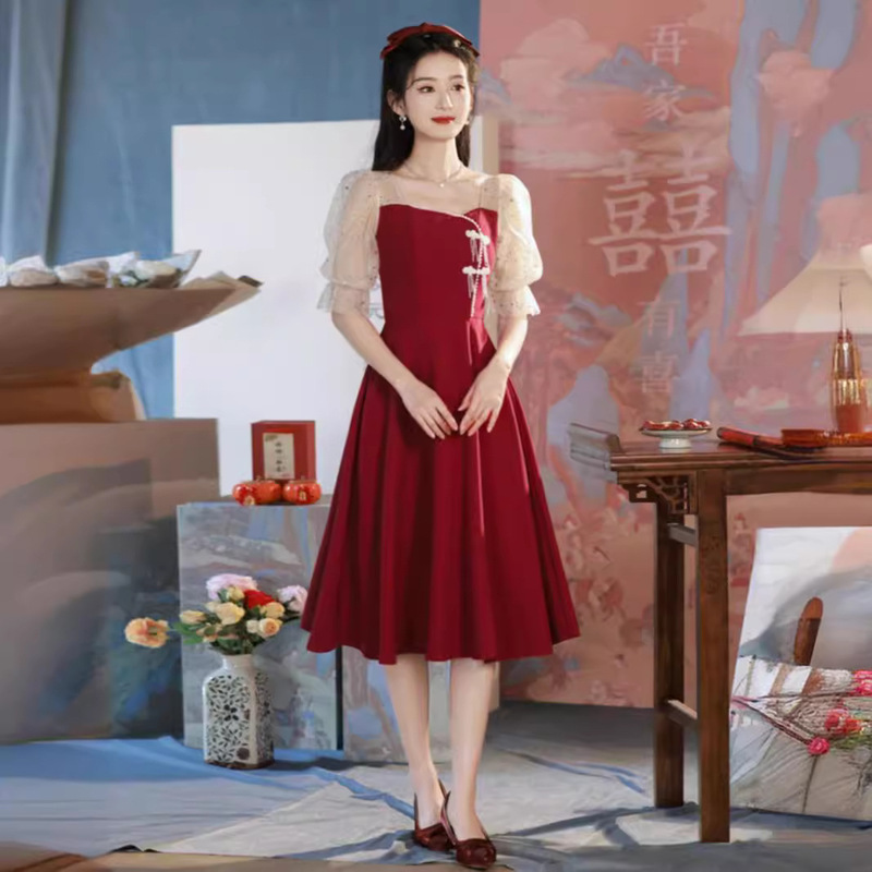 Toast Dress Bride Small Spring and Autumn wine red Wedding Dress Women's Engagement Back Door dress Usually Wear Toast Dress Bride Small Spring and Autumn wine red Wedding Dress Women's Engagement Back Door dress Usually Wear