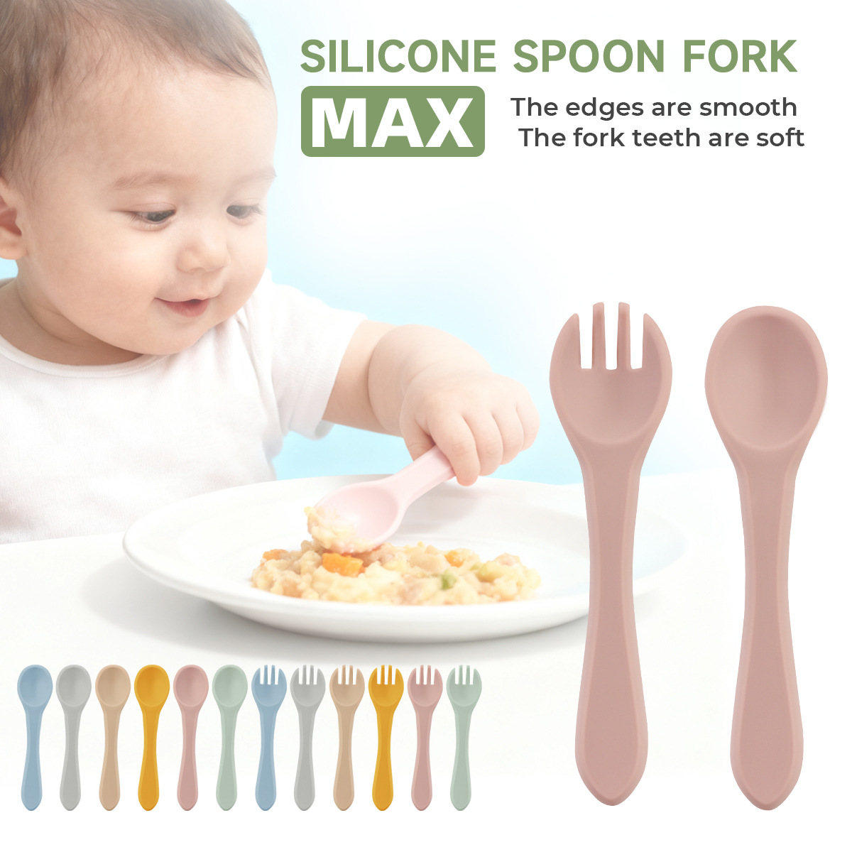 Silicone Fork and Spoon for Children Learning to Eat Training Feeding Spoon Resistant to Falling and Insulated Short Handle Baby Feeding Complementary Food Fork and Spoon Tableware