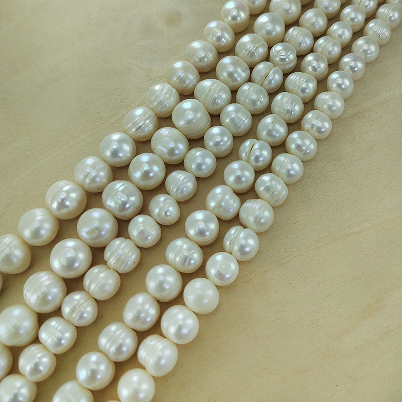 天然淡水珍珠DIY裸散珠材料近圆形7-10mm半成品项链有螺纹强光
