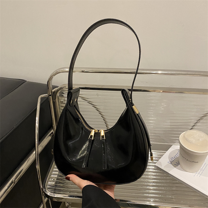 Bolsa de hombro de mujer brillante, doble cremallera, bolso de brazo, bolso de media luna, bolso de tendencia, bolso de nicho, bolso de mano.