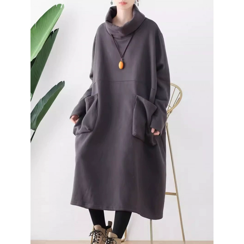 Пятно новый литературный свободный большой размер с высоким вырезом утолщенные хлопчатобумажные платья большой карман свитер юбка халат