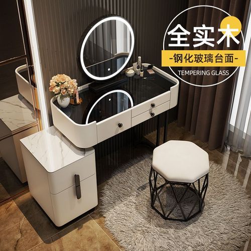 All Solid Wood Vanity with Luxury and High-End Storage Cabinet, Integrated Bedroom Modern Minimalist Marble and Glass Vanity Desk