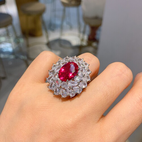 Vogue Jewels European and American Fashion Set of 3: Rose Cut simulated Blood Red Garnet Pendant Necklace, Ring 10*14mm, Earrings 6*8mm