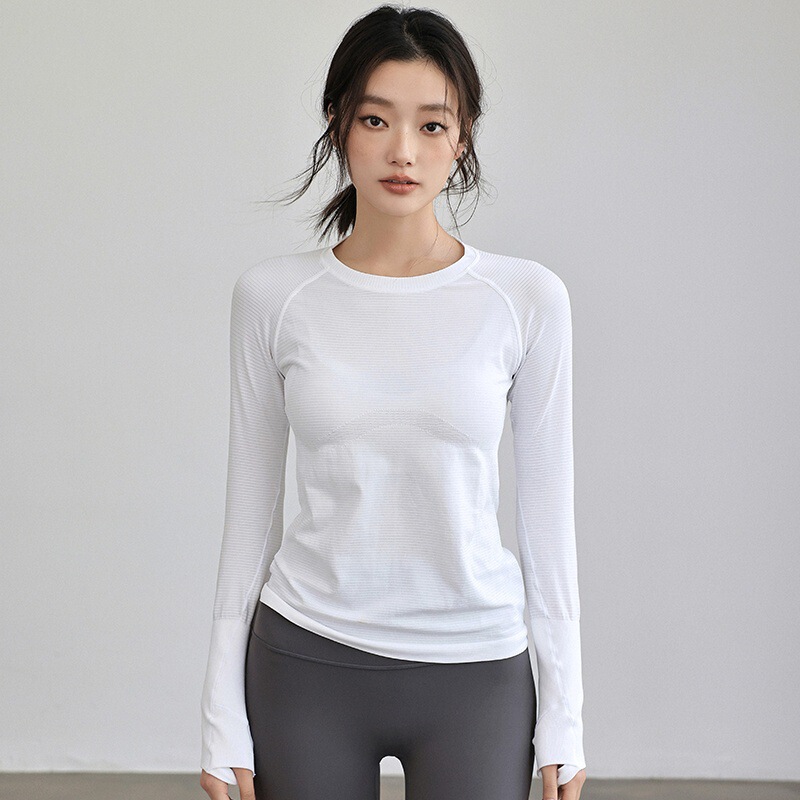 Ll Slim Fit Slimming Yoga Wear Women's Round Neck Right Shoulder Sports Long Sleeve High Elastic Running Pilates Fitness Top