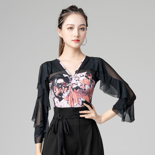  Dance Tops New Printed Modern Dance Practice Wear V-Neck Dance Ballroom Dance Latin Dance Practice Wear