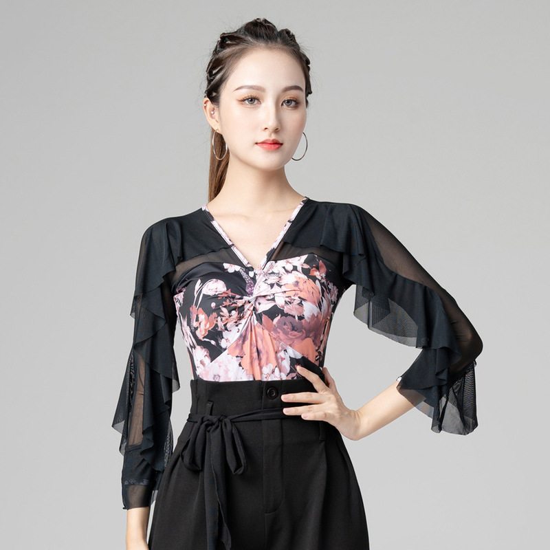 2022 Dancing Jacket New Printed Modern Dance Practice Dress V-Neck Dance Ballroom Dance Latin Dance Practice Dress