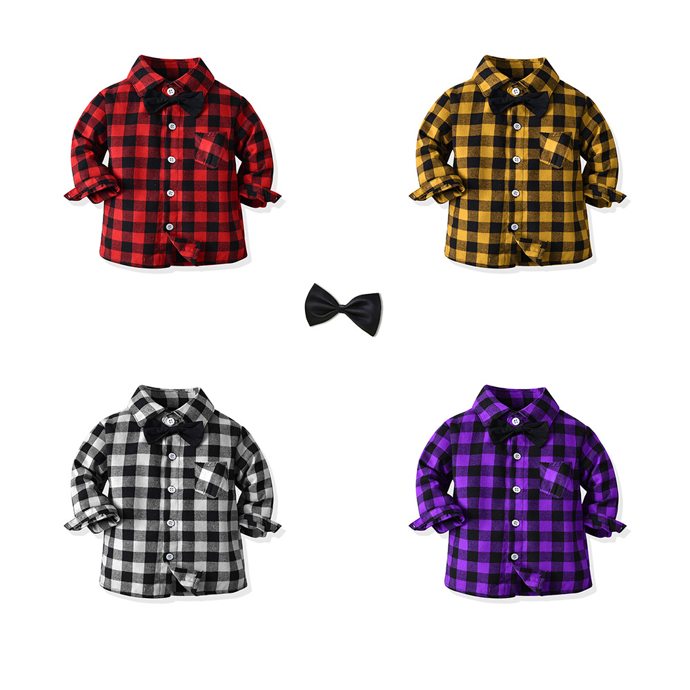 2024 primavera para niños todo fósforo a cuadros pajarita de manga larga cardigan de un solo pecho camisa infantil de moda con solapa coreana multicolor