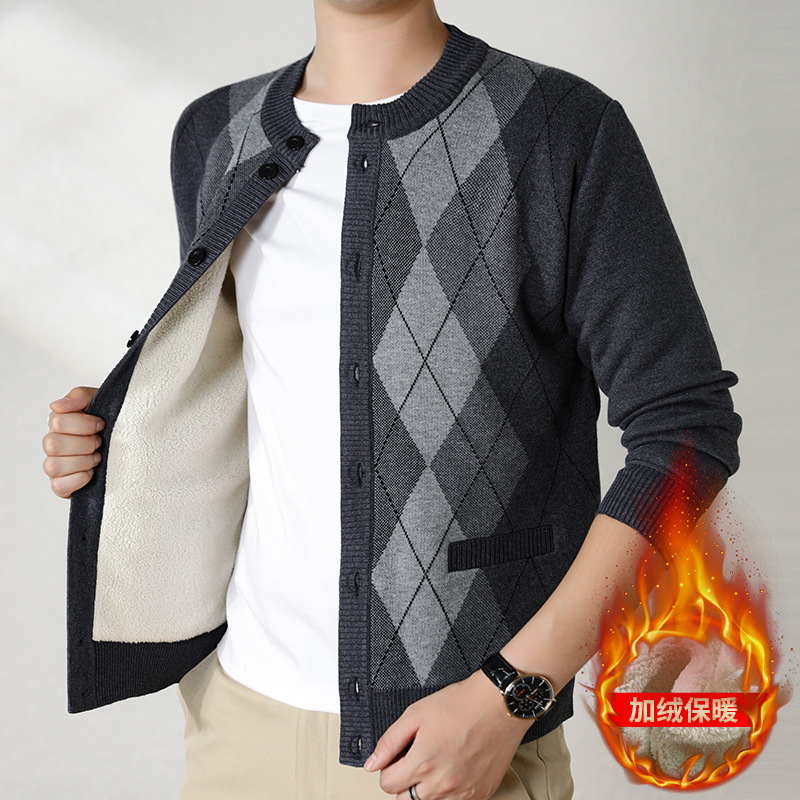 Source factory cardigan style stretch knit sweater top for grandfathers, warm fleece-lined winter coat for dads