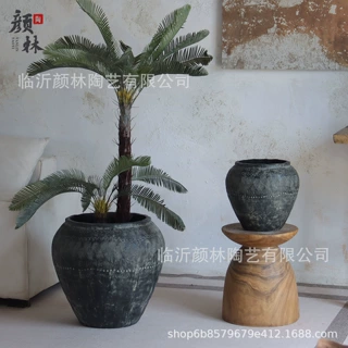 侘寂仿古黑色水泥花盆样板间软装落地绿植花盆客厅南天竹透气花盆